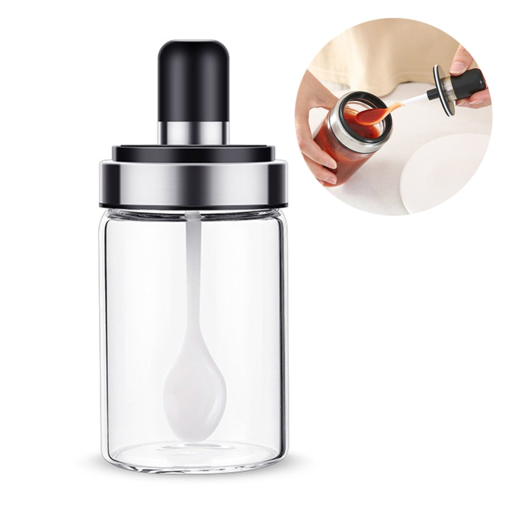 Pot à épices en verre transparent avec cuillère et couvercle