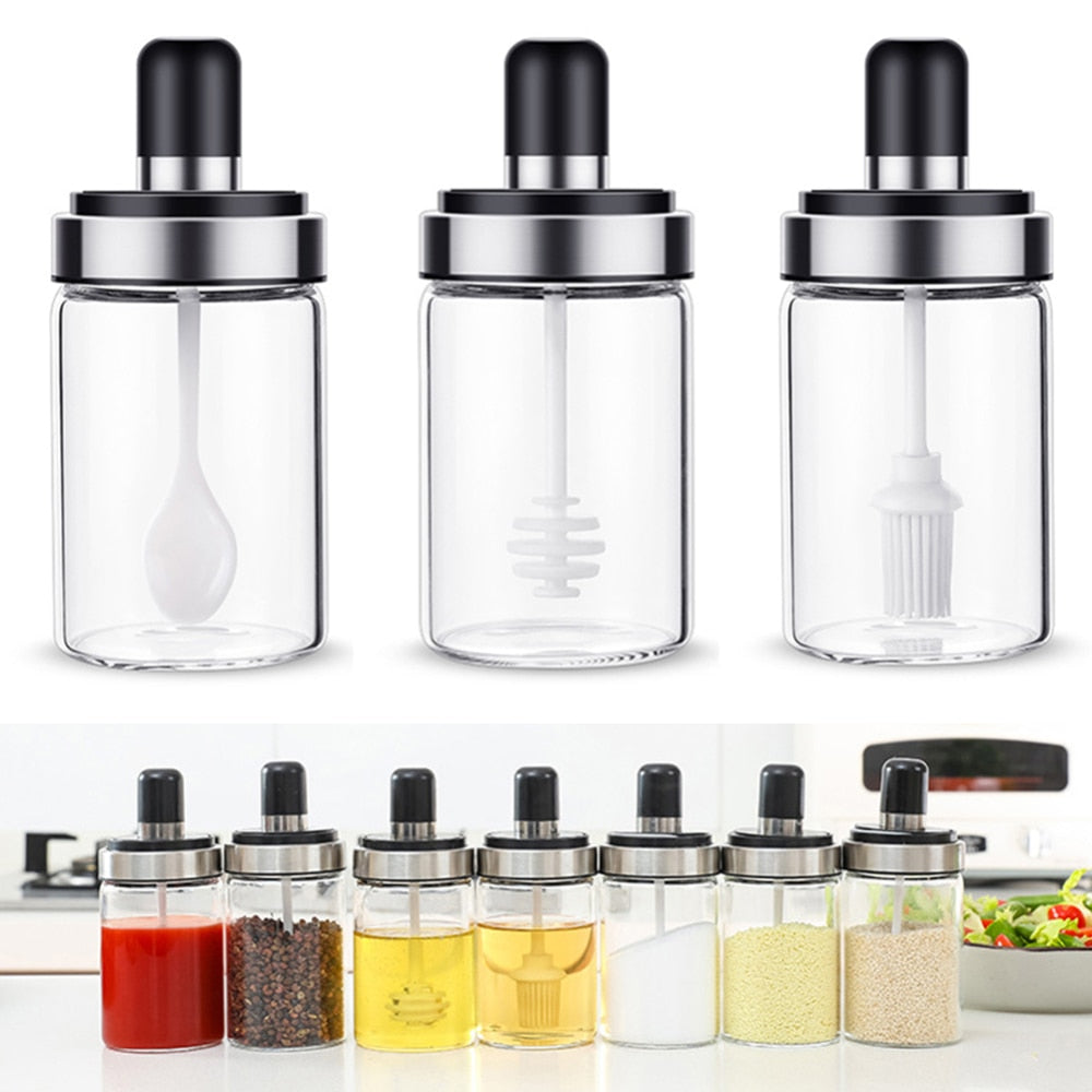 Pot à épices en verre transparent avec cuillère et couvercle